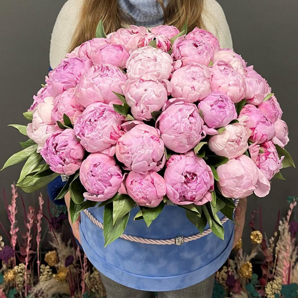 Букет из 51 пиона в голубом бархате