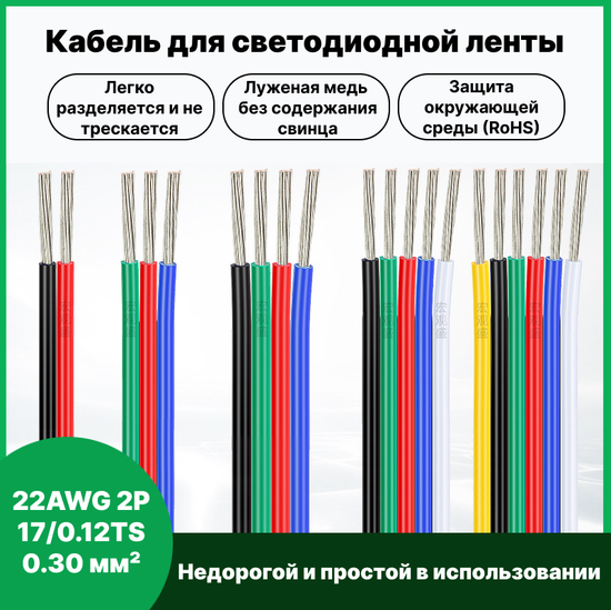 Кабель для RGB светодиодной ленты 22AWG 2P 17/0.12TS 0.30 мм² 10 м