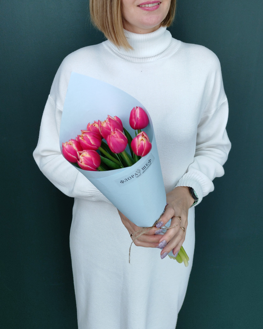 Букет из пионовидных розовых тюльпанов,9 шт(00138)