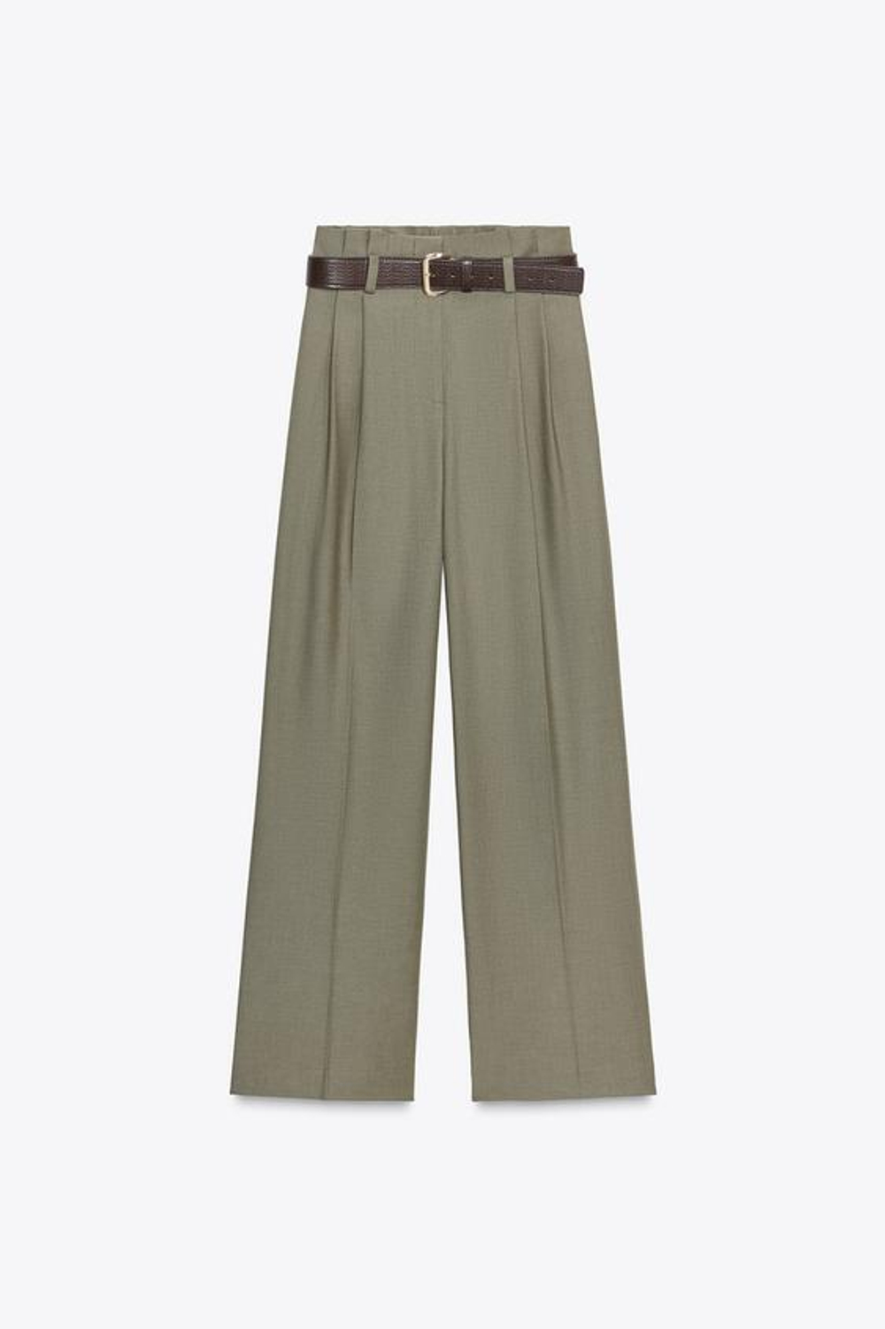 ZARA БРЮКИ PAPER BAG С ПОЯСОМ, ЗЕЛЕНОВАТЫЙ