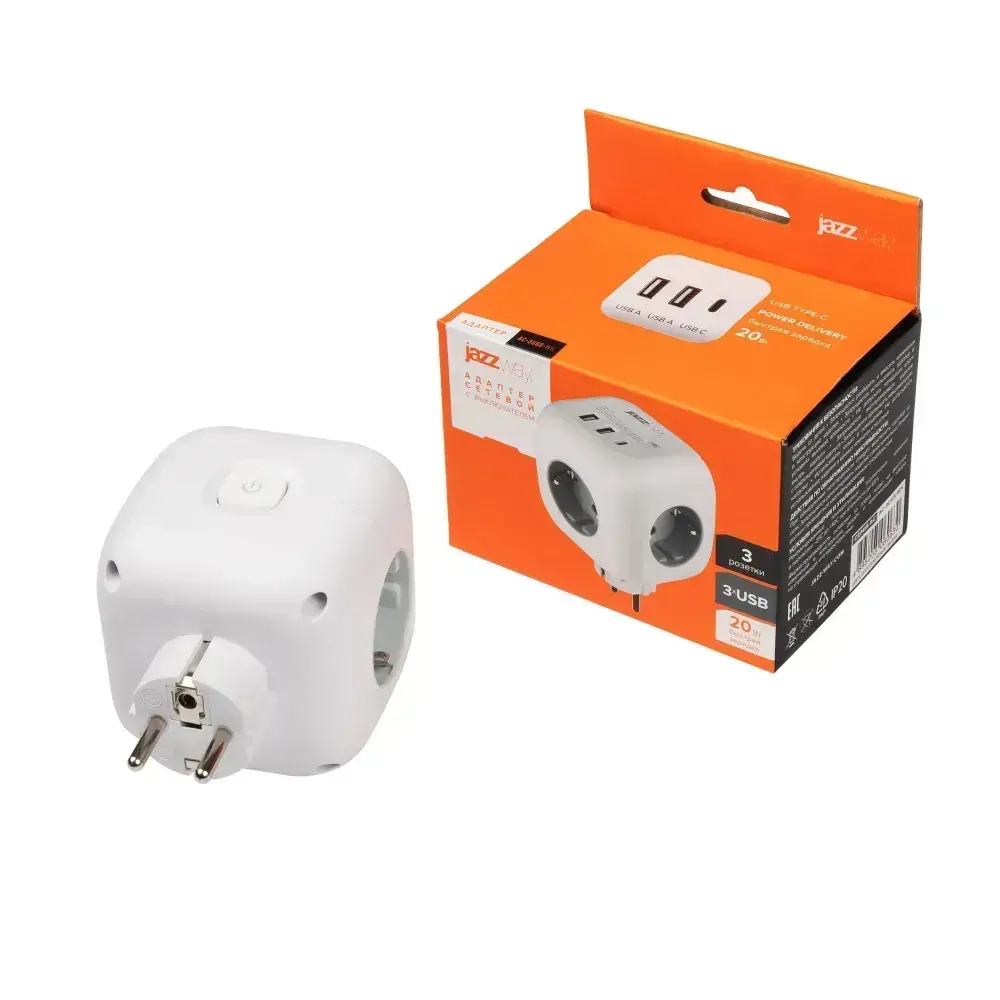 Тройник на 3 розетки / разветвитель 2 USB + 1 TYPE-c быстрая зарядка с выключателем Jazzway