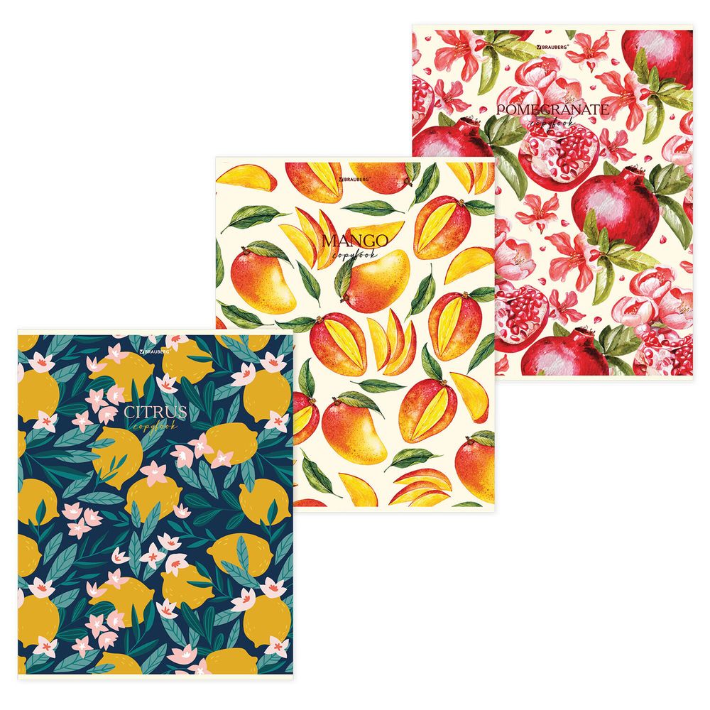 Тетрадь А4, 96 л., BRAUBERG, скоба, клетка, глянцевый лак, "FRUITS", 404066, 3шт