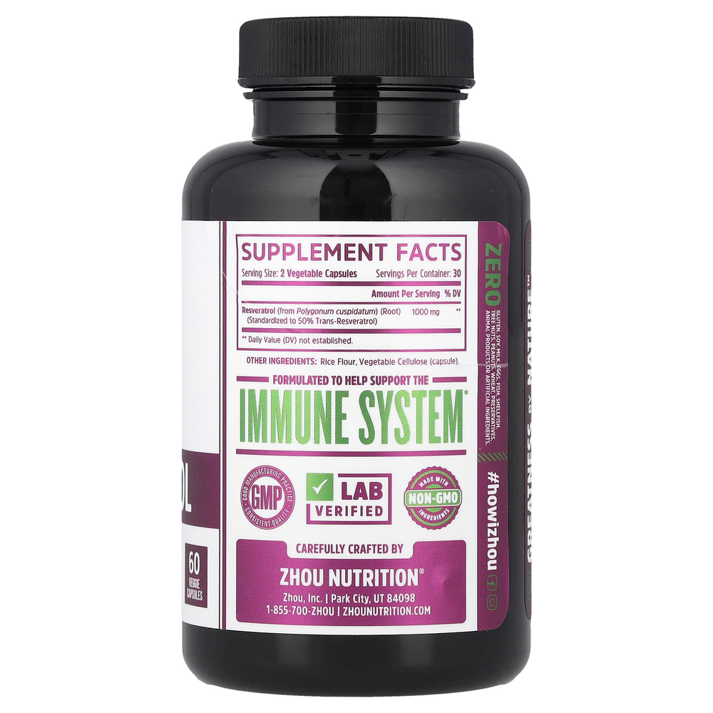 Zhou Nutrition, Ресвератрол, 60 растительных капсул