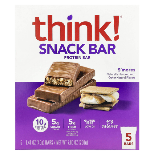 Think !, Протеиновый батончик Snack, S'Mores, 5 батончиков, 40 г (1,41 унции) каждый