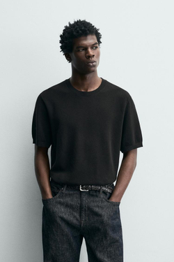 ZARA ФУТБОЛКА RELAXED FIT ИЗ ТРИКОТАЖА, ШОКОЛАДНЫЙ