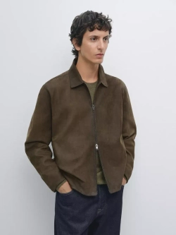 Massimo Dutti Куртка из кожи наппа с застежкой-молнией, зеленый