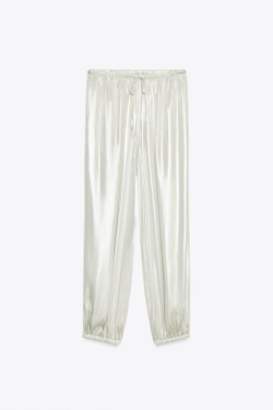 ZARA БРЮКИ-БАНАНЫ С ЭФФЕКТОМ ФОЛЬГИ, СЕРЕБРИСТЫЙ