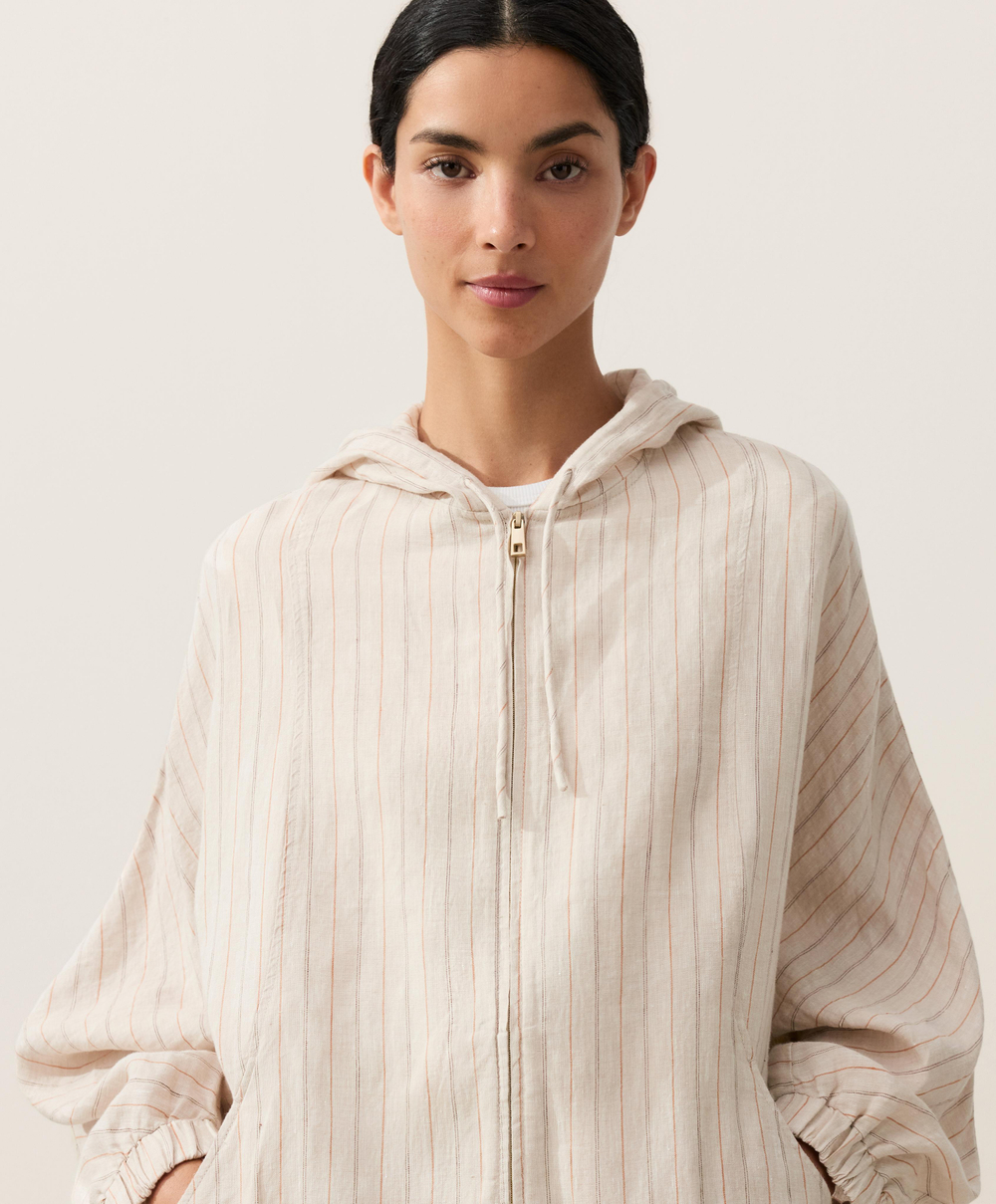Oysho Куртка с капюшоном в полоску из 100% льна, песочный меланж