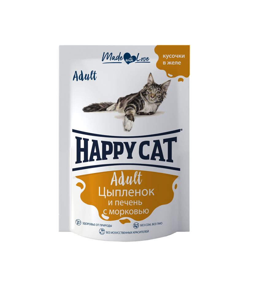 Паучи Happy Cat цыпленок и печень с морковью кусочки в желе 24х85г