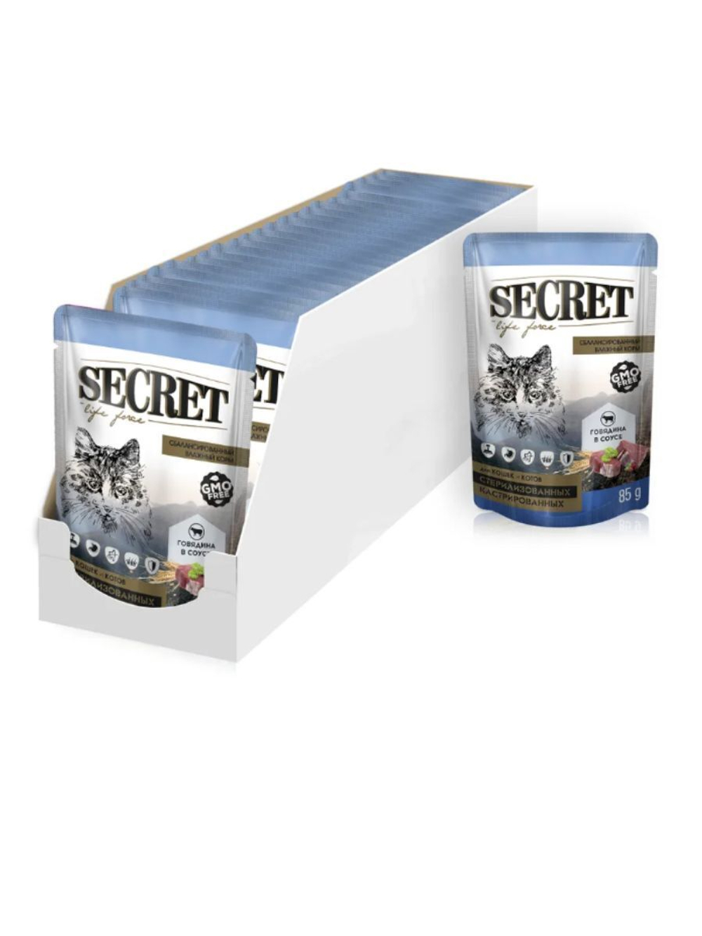 Влажный корм для стерилизованных кошек Secret Life Force (Секрет) 0,085кг говядина в соусе пауч, 24 шт