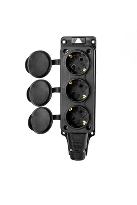 Розетка (колодка) трехместная DYNEL с крышками с/з каучук 2P+PE 230V 16А IP54 Черная (1/84)