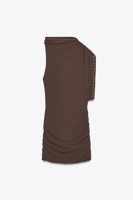 ZARA АСИММЕТРИЧНОЕ ПЛАТЬЕ С ЛЮВЕРСАМИ, ШОКОЛАДНЫЙ