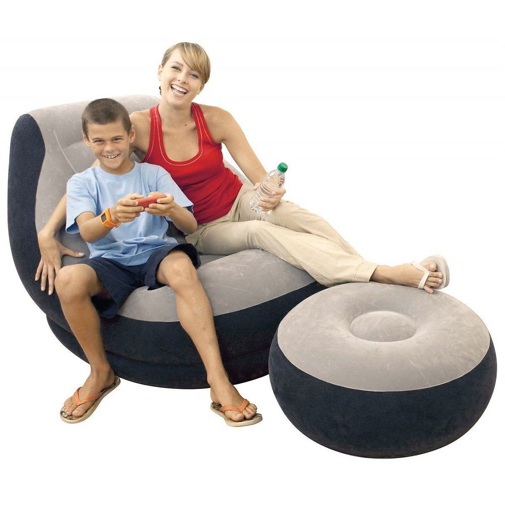 Кресло надувное Intex 68564 Ultra Lounge 137х102х79 см с пуфиком / Шезлонг надувной Интекс велюровый с подстаканником для дома и дачи