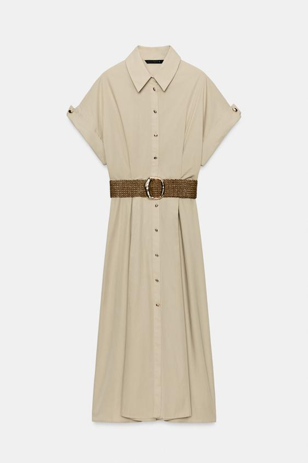 ZARA ПЛАТЬЕ МИДИ ИЗ ПОПЛИНА С ПОЯСОМ, СВЕТЛО-БЕЖЕВЫЙ