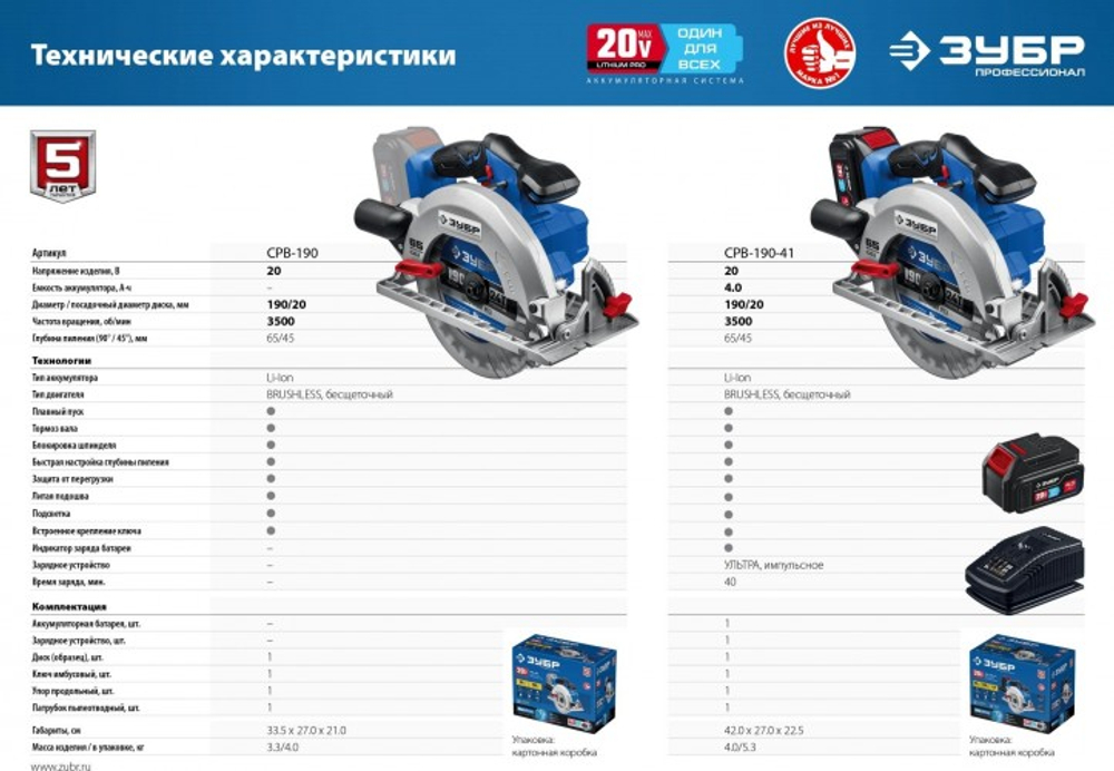 Пила циркулярная аккумуляторная ЗУБР CPB-190 бесщеточная, без АКБ и ЗУ Профессионал