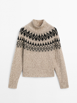 Massimo Dutti Жаккардовый трикотажный свитер из смесовой шерсти, пестро-бежевый