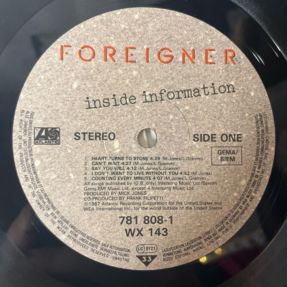 Винтажная виниловая пластинка LP Foreigner Inside Information (Germany 1987) The Beat Of My Heart
