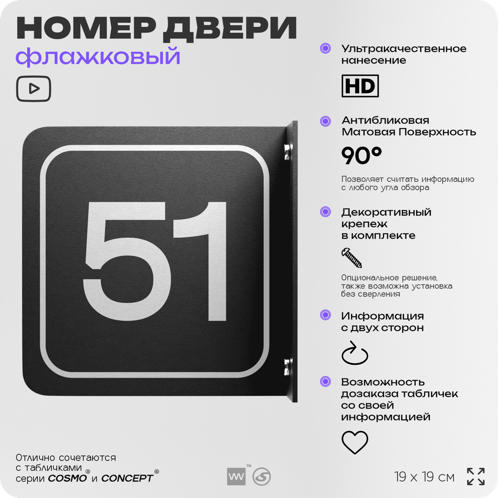 Табличка флажковая с номером 51 на дверь квартиры, для офиса, кабинета, аудитории, склада, черная двустороняя 19х19 см, Айдентика Технолоджи