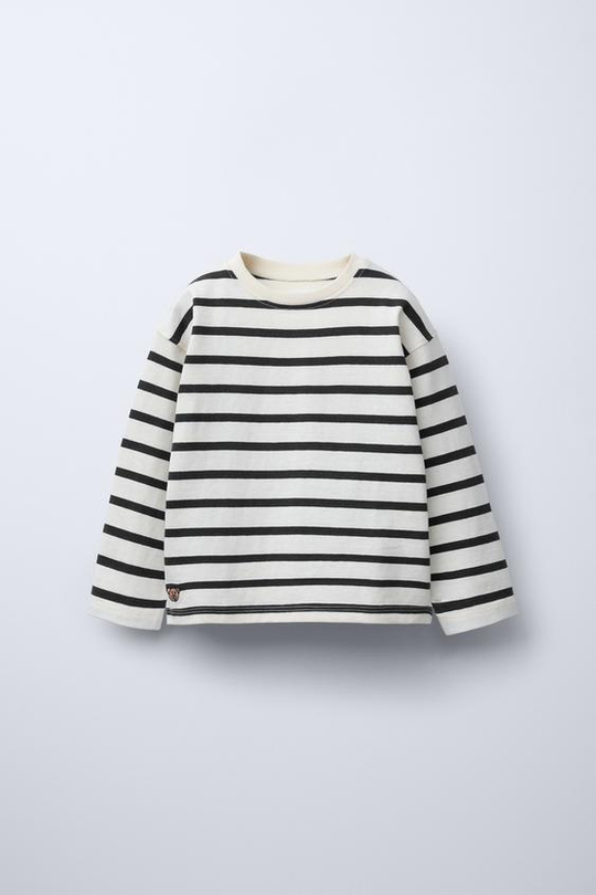 ZARA ЛОНГСЛИВ ИЗ ПЛОТНОГО ТРИКОТАЖА В ПОЛОСКУ С ВЫШИВКОЙ, ЧЕРНЫЙ/БЕЛЫЙ
