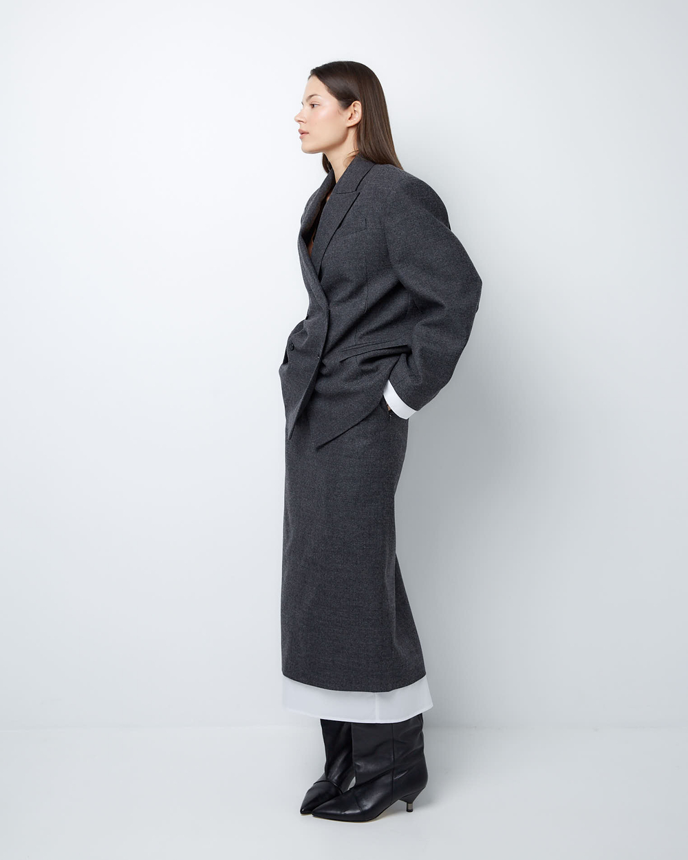 Жакет двубортный с дополнительными петлями из тонкой шерсти елочка серый