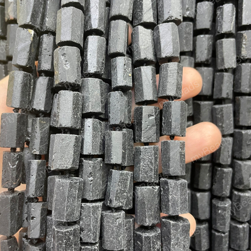 Турмалин черный матовый ШЕРЛ ок.14х10 мм, бусины - цилиндры (нить 38 см)