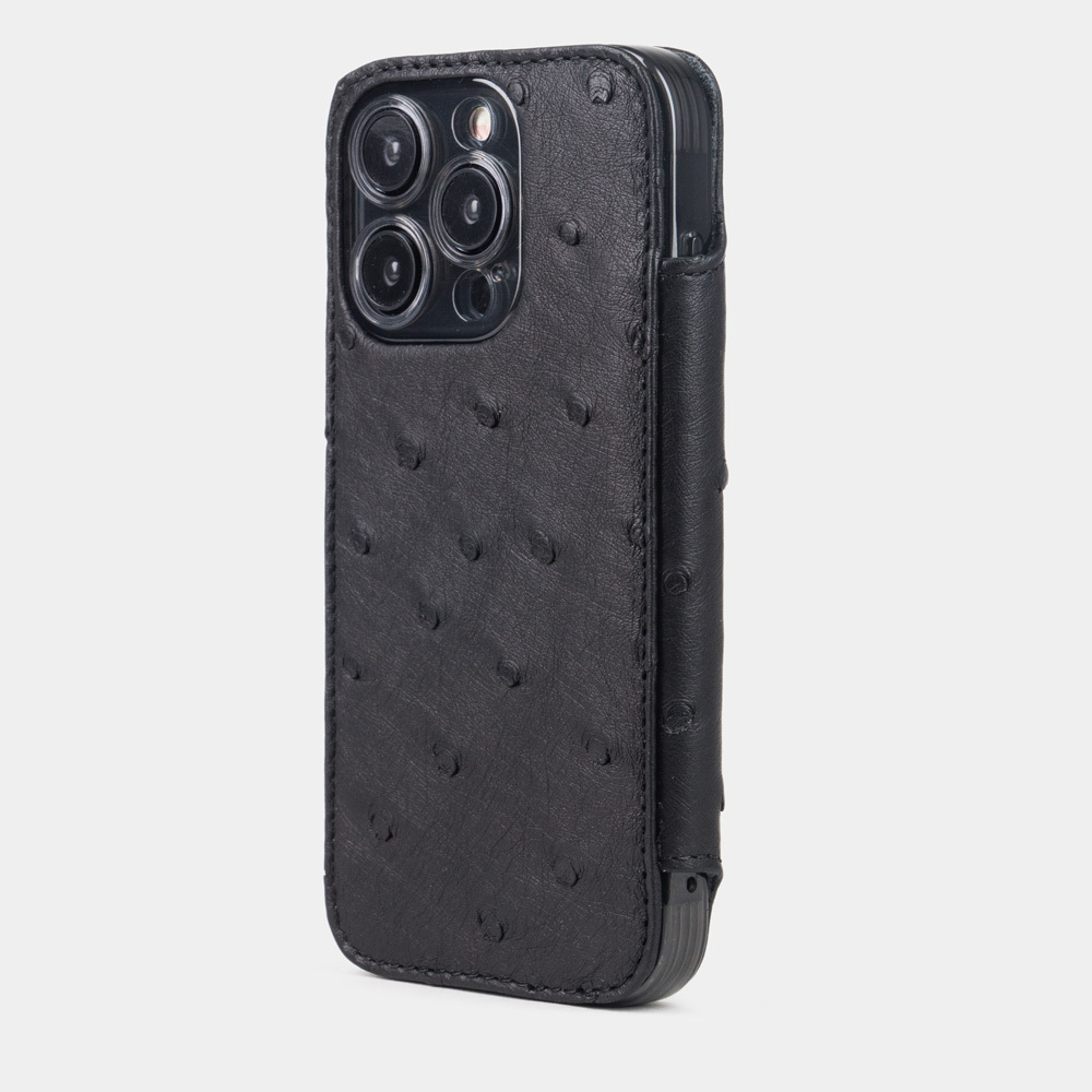 Чехол для iPhone 14 Pro Max из кожи страуса, черного цвета