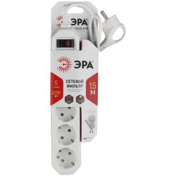Сетевой фильтр ЭРА USF-5es-1.5m-W с базовой защитой с заземлением с выключателем 5 розеток 1,5м 10А белый