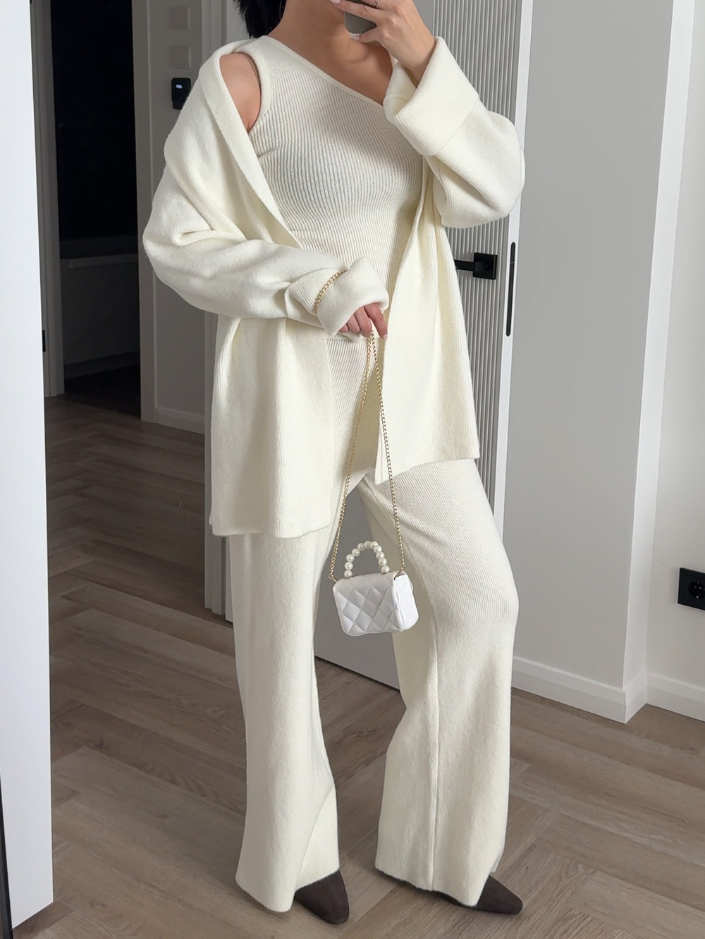 Комплект тройка вязаный, топ, брюки и кардиган