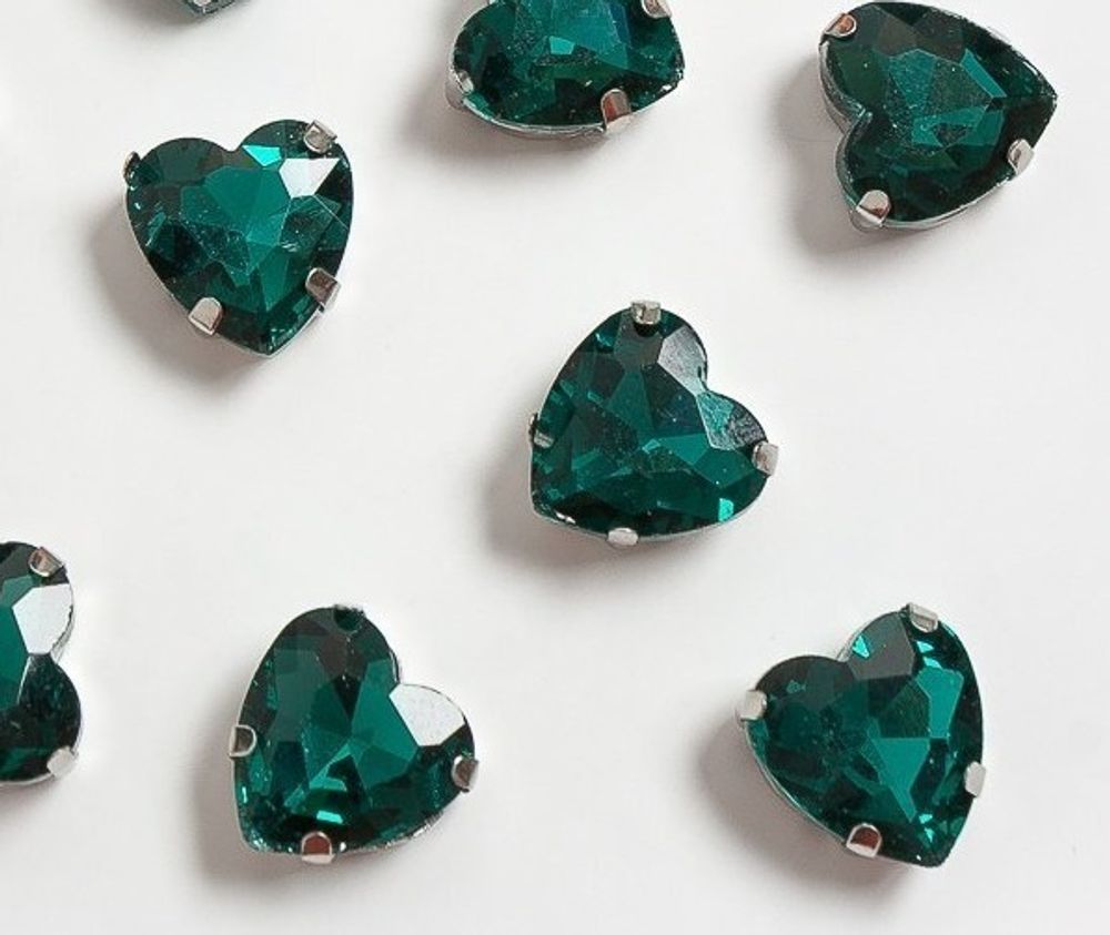 Стразы пришивные стекло в оправе "Сердечко", р. 12 мм, изумруд