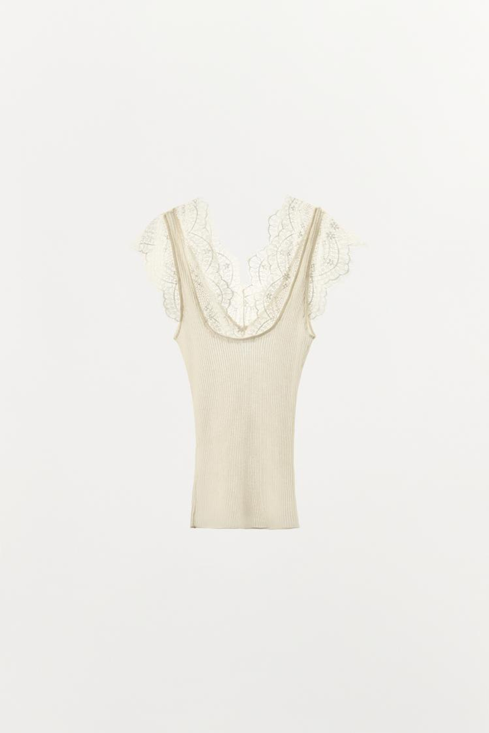 ZARA ТРИКОТАЖНЫЙ ТОП С КРУЖЕВОМ, ЭКРЮ