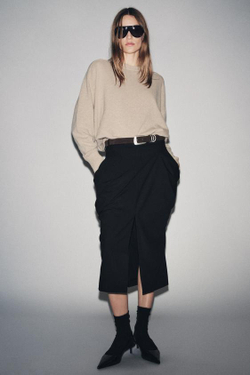 ZARA ЮБКА МИДИ С ДРАПИРОВАННЫМИ КАРМАНАМИ — ZW COLLECTION, ЧЕРНЫЙ