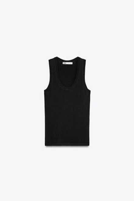 ZARA БАЗОВЫЙ ОДНОТОННЫЙ ТРИКОТАЖНЫЙ ТОП, ЧЕРНЫЙ