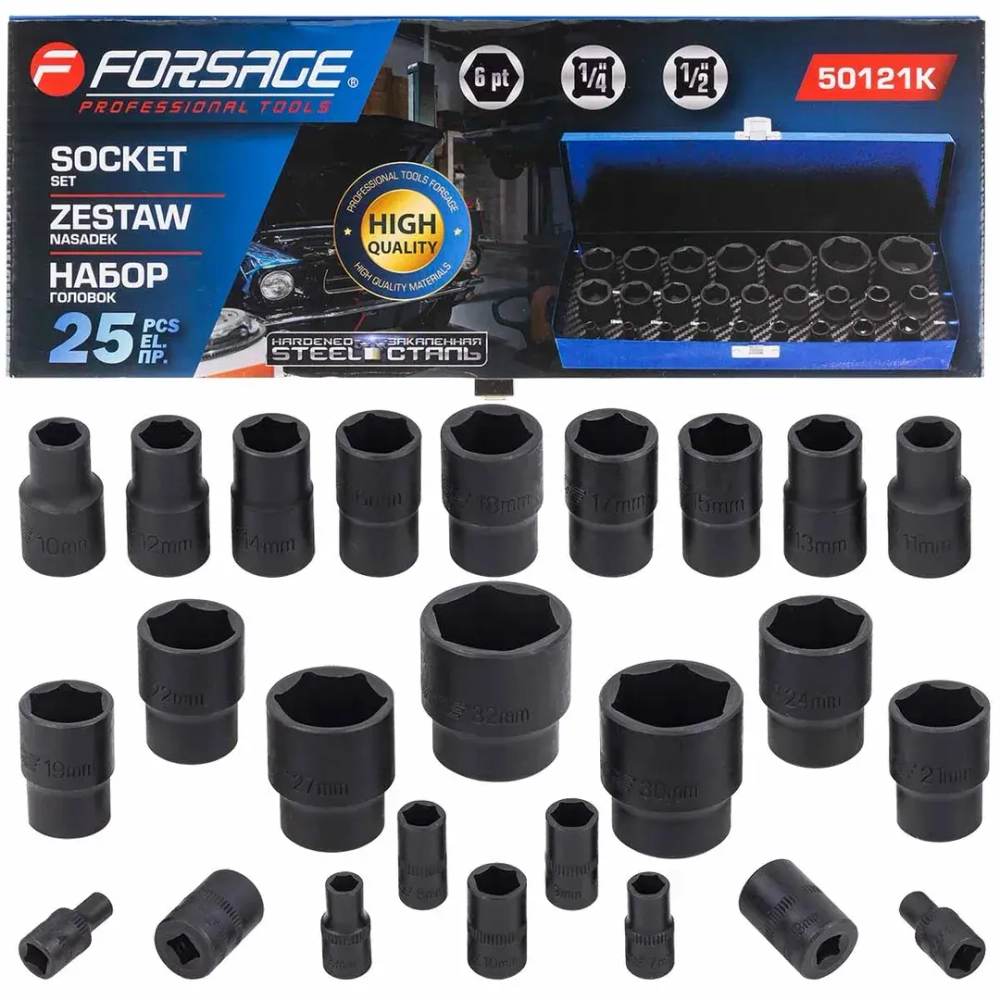 Головки ударные, набор 25пр. 1/4'', 1/2''(6гр.) Forsage F-50121K