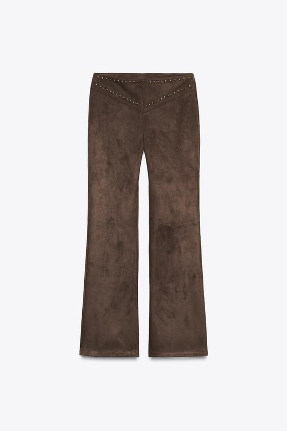 ZARA БРЮКИ FLARE ИЗ ТКАНИ ПОД ЗАМШУ С ЗАКЛЕПКАМИ, ШОКОЛАДНЫЙ