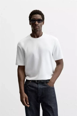 ZARA БАЗОВАЯ ФУТБОЛКА КЛАССИЧЕСКОГО КРОЯ, БЕЛЫЙ