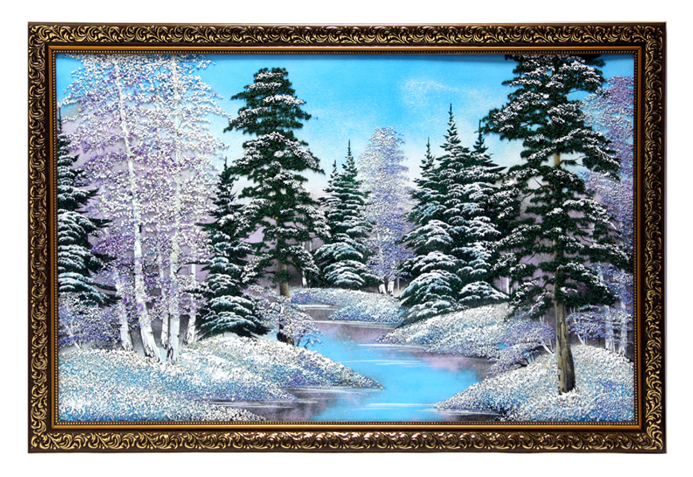 Картина " Зимний пейзаж " рисованная каменной крошкой 87-57см