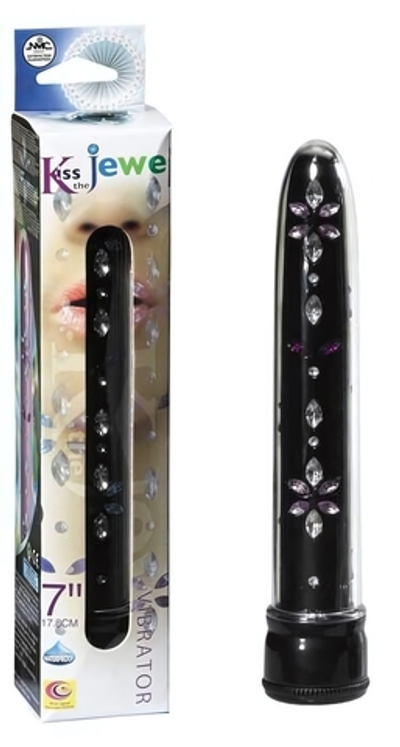 Чёрный вибратор со стразами по всей длине - 17,8 см. (Цвет: черный)