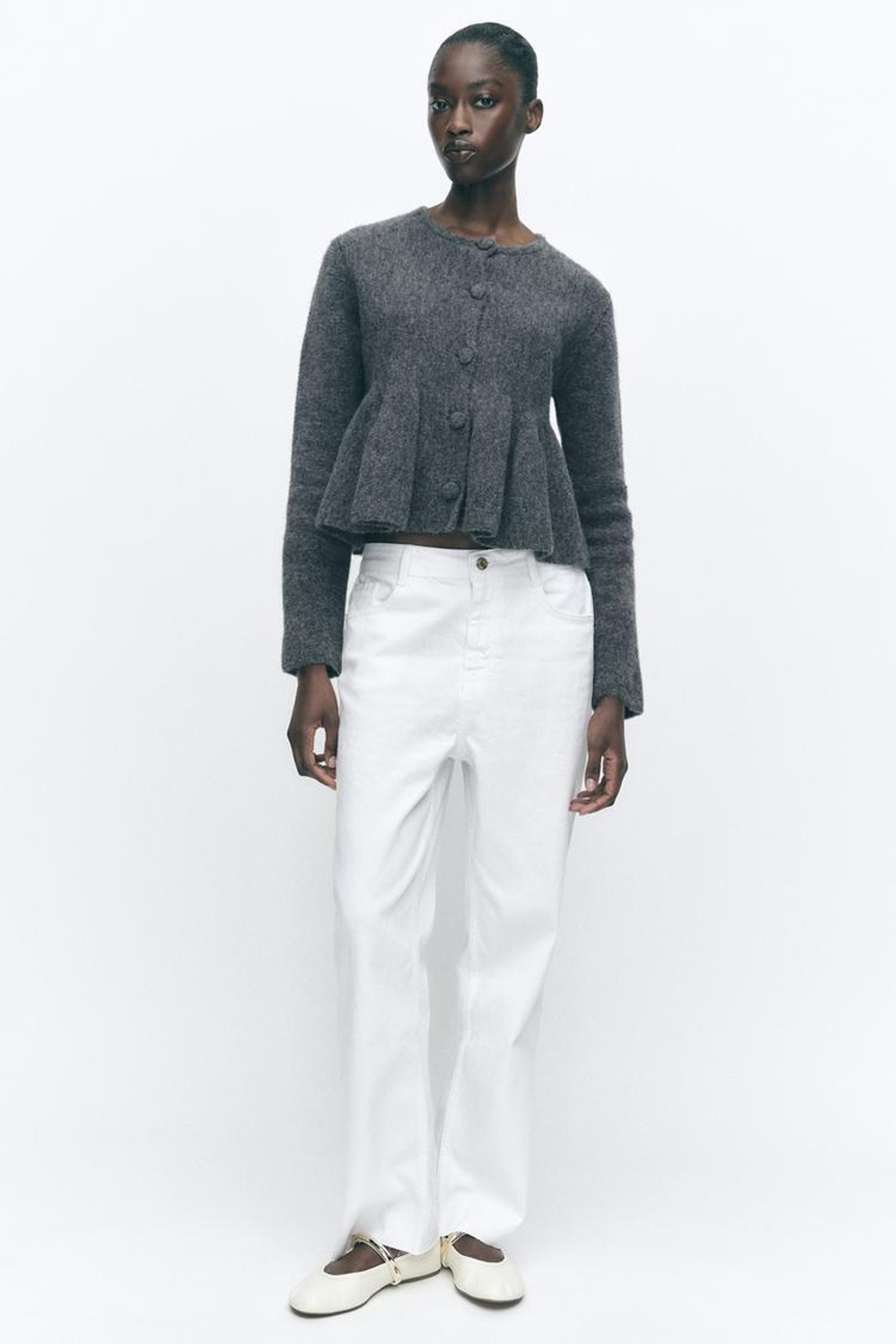 ZARA КАРДИГАН С БАСКОЙ, СЕРЫЙ