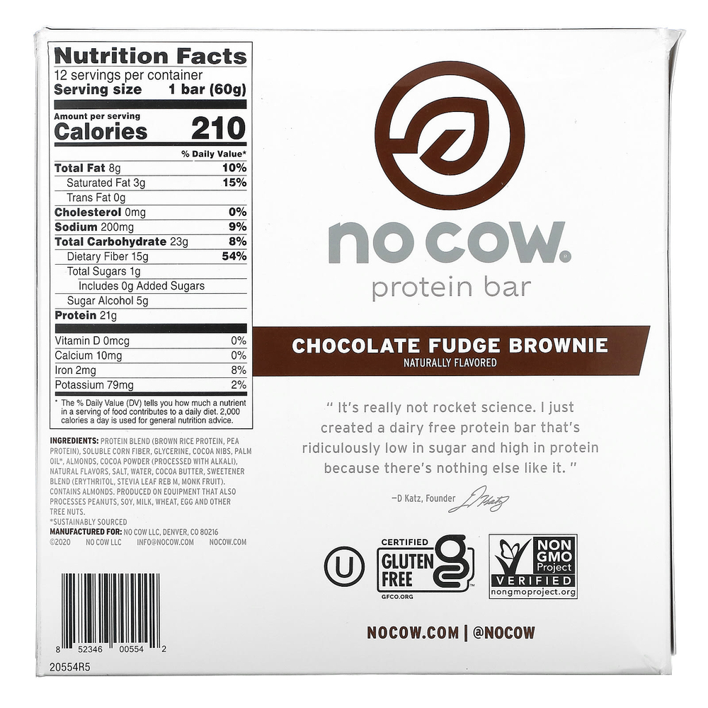 No Cow, Протеиновый батончик, брауни с шоколадной помадкой, 12 батончиков по 60 г (2,12 унции)