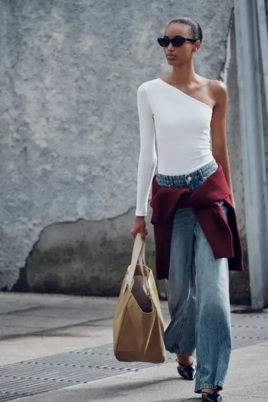 ZARA БОДИ АСИММЕТРИЧНОГО КРОЯ С ДЛИННЫМ РУКАВОМ, ЖЕЛТОВАТО-БЕЛЫЙ