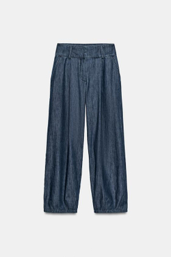 ZARA БРЮКИ BARREL С ЗАЩИПАМИ, СИНИЙ