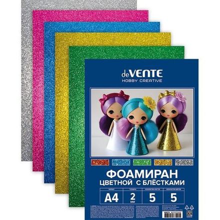 Фоамиран цветной А4 набор 5 л 5 цв блестки, deVente