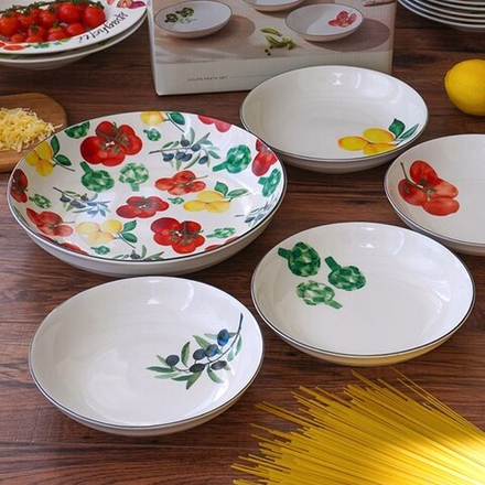 Набор фарфоровой посуды для пасты на 4 персоны Овощи CD494-LF0003, 5 предметов, белый/декор