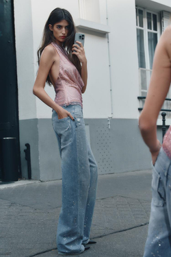 ZARA ТОП ХАЛТЕР С БЛЕСТКАМИ, РОЗОВЫЙ