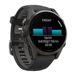 Спортивные часы Garmin fenix 8, 43 мм, AMOLED, титан с DLC, сапфир, силиконовый ремешок цвета чёрный/«серая галька» Тёмно-серый безель из титана с DLC-покрытием, AMOLED-дисплей. Ремешок с классической застёжкой — на запястье обхватом 108–182 мм