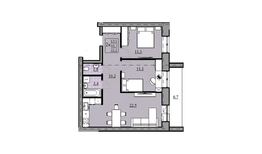 2 + квартира, 60,1 м² / Чистовая отделка