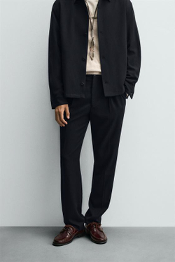 ZARA БРЮКИ REGULAR FIT СО СКЛАДКАМИ, МОРСКОЙ СИНИЙ