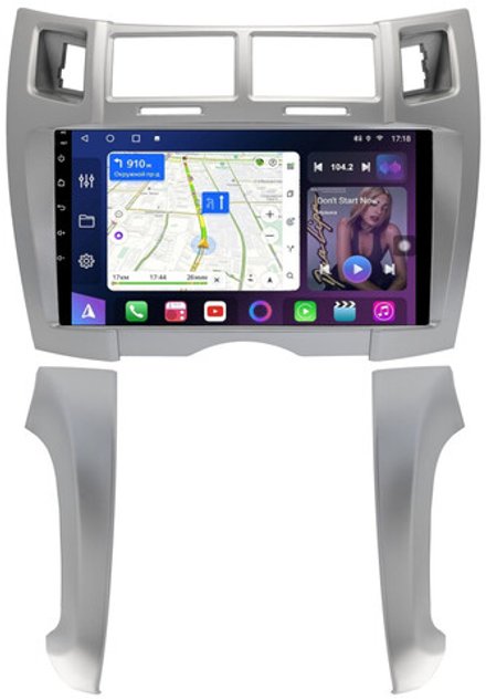 Магнитола для Toyota Vitz 2, Yaris 2 2005-2011 (рамка серебро тип 2) - FarCar 9647F2S монитор 9" QLED на Android 13, 8-ядер, CarPlay, 4G SIM-слот