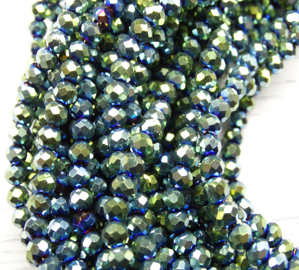 БЛ004НН34 Хрустальные бусины "рондель", цвет: зеленый металлик, размер 3х4 мм, кол-во: 95-100 шт.
