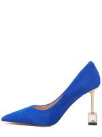Женские замшевые синие туфли с авторским квадратным каблуком